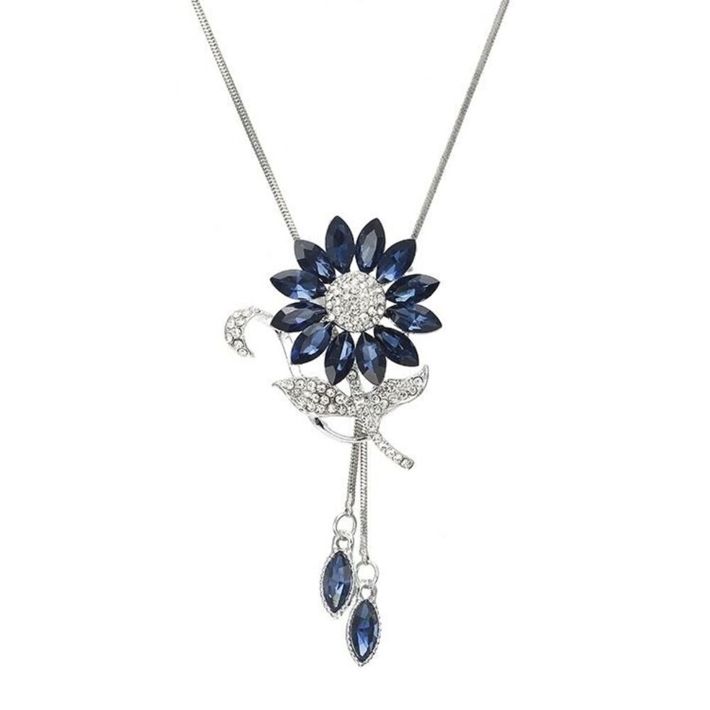 Bling Queen CZ Simulated Sapphire Sunflower Sliding Pendant Necklace - Picture 4 of 9